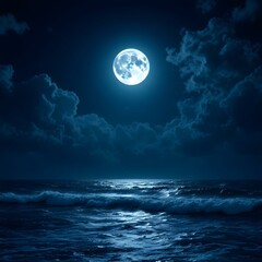 Full moon, stormy ocean at night, dramatic clouds, moonlit waves