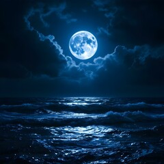 Fototapeta premium Full moon, stormy ocean at night, dramatic clouds, moonlit waves