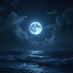 Fototapeta premium Full moon, stormy ocean at night, dramatic clouds, moonlit waves