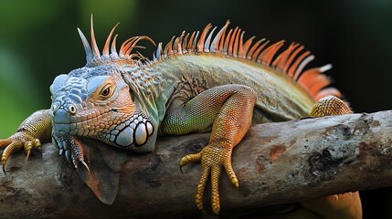 Fototapeta premium Majestic Green Iguana lounging on a sunlit branch its spiky crest running down its back long tail draped elegantly over the bark