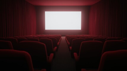 Fototapeta premium Empty cinema auditorium with red seats and illuminated screen awaiting viewers
