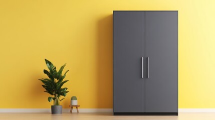 A stylish wardrobe with vertical storage and soft-touch gray doors, isolated on a pale yellow background.
