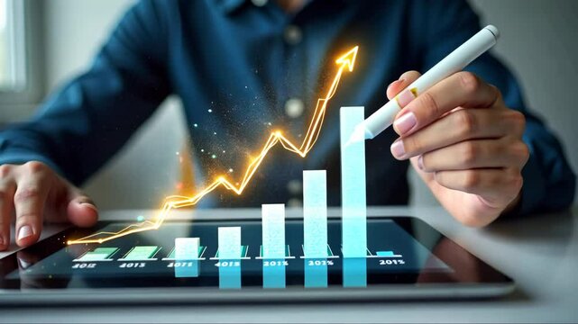 Person is drawing a graph on a tablet with a pen. The graph shows a steady increase in numbers, which could represent a company's profits or a stock market trend