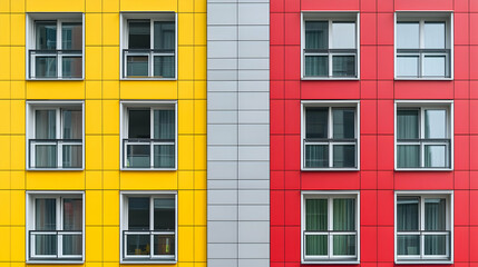 Vibrant Yellow And Red Building Facade With Grid Of Windows And Modern Architectural Design