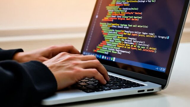 Programmer's Hands Coding on Laptop Screen
