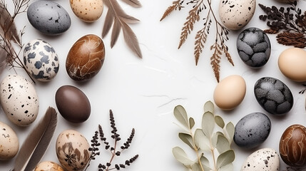 Obraz premium Flat lay composition with Easter eggs and sprin nature materials like herbs and feathers on neutral textured background with copy space. Easter and spring inspiration banner with copy space
