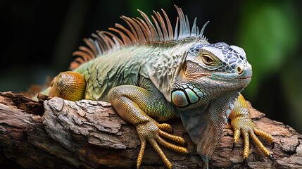 Obraz premium Majestic Green Iguana lounging on a sunlit branch its spiky crest running down its back long tail draped elegantly over the bark