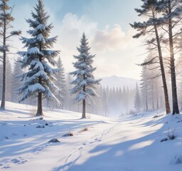 Fototapeta premium Watercolor painting of a winter landscape with snow-covered trees, frozen lakes, frosty mornings