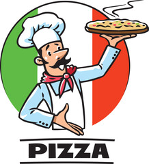 Funny chef with pizza. Emblem or logo design
