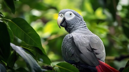 Obraz premium Wise Grey Parrot sitting in a rainforest canopy its soft grey feathers detailed with fine textures a hint of red tail feathers peeking out as it tilts its head inquisitively