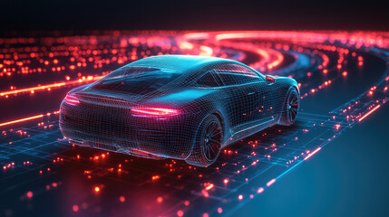 a futuristic holographic car model with a sleek, glossy finish, precision craftsmanship, and attention to detail in automotive design. copy space, banner, mock up