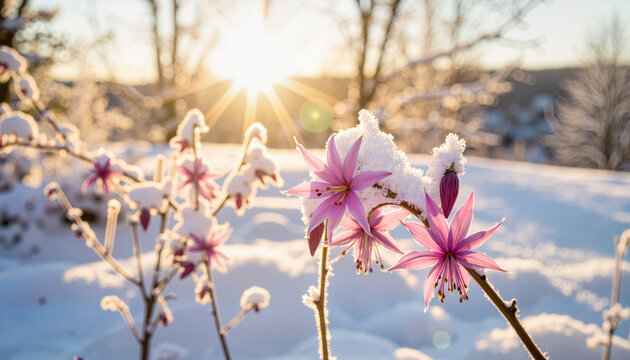 Snowy columbine blossoms glowing at dawn, winter beauty