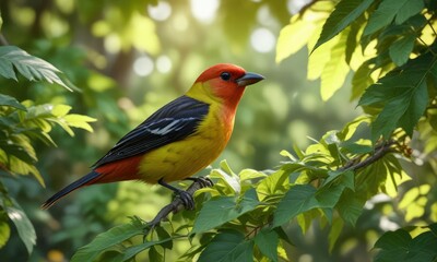 Western tanager framed by lush green leaves in dappled sunlight, shadows, dappled light, woodland scene, forest floor, natural beauty
