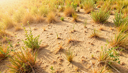 Vibrant dry land with light vegetation at sunrise, nature's resilience