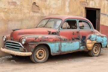 An old and weathered vintage car parked near a building