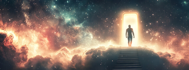 A person standing at the top of an endless staircase leading to heaven
