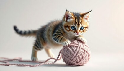 Whiskered kitten pounces on a fluffy yarn ball , movement, joyful kitten, playful pounce