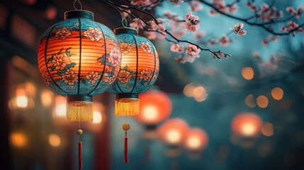 Obraz premium Enchanted Asian Lanterns: A Serene Spring Evening
