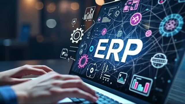 Person is typing on a laptop with ERP written on the screen. Concept of technology and work, as the person is using a computer to complete a task