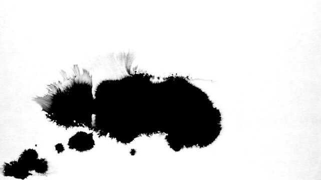 Spraying black paint on a white background. Spray of ink over the white surface. Black watercolor paint spraying. Particles of black paint scatter on white paper. Close up.