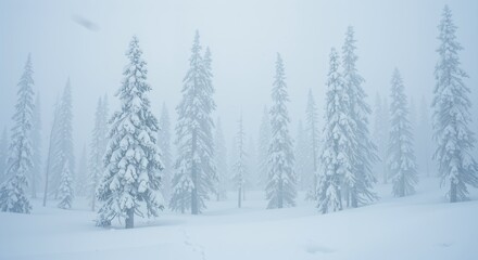 Naklejka premium Snow covered fir trees in winter foggy forest. Landscape photography. Peaceful nature scene. Background for website, banner. Scenic view