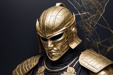 Golden armored warrior stands confidently against a dark textured background showcasing intricate details and imposing presence