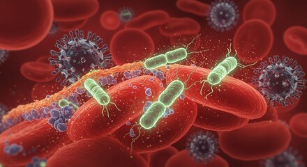 Obraz premium Viruses, Bacteria attacking Red Blood Cells. Microscopic view. Infection concept. Medical and scientific.