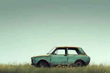 A weathered old car sits in a field with tall grass
