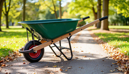 Empty wheelbarrow on gravel path in sunny park, gardening symbolism