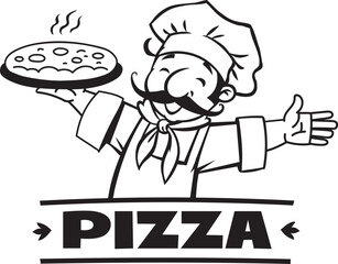 Funny chef with pizza. Emblem or logo design