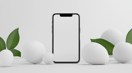 Smartphone with blank white screen nestled in vibrant green leaves, perfect mockup for apps and websites