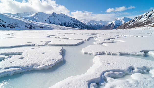 Melting snow covering serene landscape with mountains, seasonal change