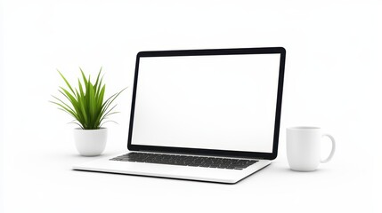 Blank laptop screen with coffee cup on white background, perfect mockup for your remote work or study setup