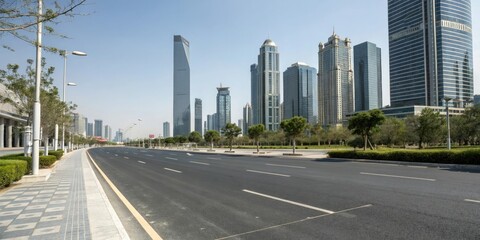 Fototapeta premium Wide asphalt road stretching through a modern cityscape with sleek skyscrapers and glass towers in the background, cityscape, city streets, urban sprawl, urban architecture, urban development
