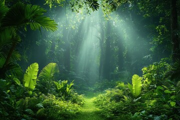 Lush Green Forest with Sunlight Filtering Through Trees