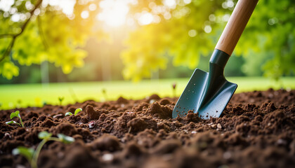 Garden spade resting in rich soil during morning light, gardening bliss