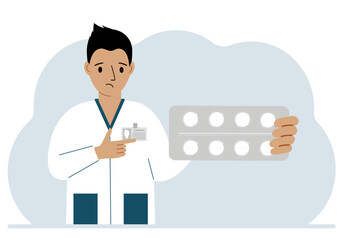 A male doctor in a white coat holds a large plate with pills. Vector flat illustration