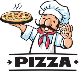 Funny chef with pizza. Emblem or logo design
