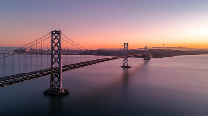 Obraz premium Aerial View Of A Suspension Bridge Over Calm Water At Sunset With City Skyline In Background