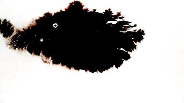 Spraying black paint on a white background. Spray of ink over the white surface. Black watercolor paint spraying. Particles of black paint scatter on white paper. Close up.