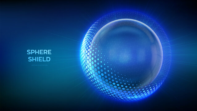 Glass transparent protection sphere shield. Sphere shield with hexagon pattern on blue background. Bubble shield in the form of a force energy field. Protection and safety concept. Vector illustration