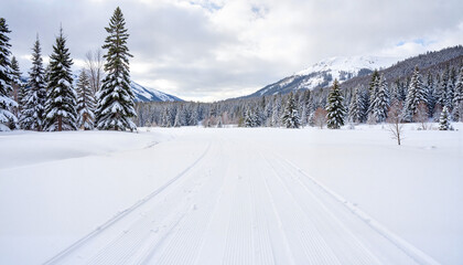 Obraz premium Serene snowy landscape with ski tracks under overcast sky, winter beauty
