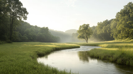 Obraz premium Photo, Forest stream, Earth Day, Nature scenery, Flowing water, Green forest, Sunlight trees