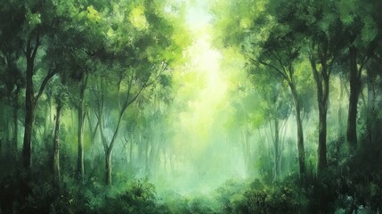 Fototapeta premium Sunlit Path Through Misty Green Forest