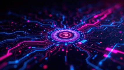 A colorful digital artwork of a complex network with a central hub representing the core concepts of ci/cd, docker, kubernetes, and devops.