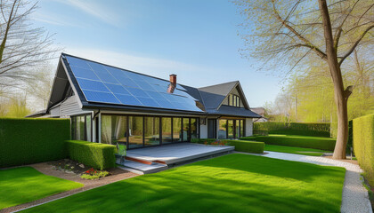 suburban house with solar panels in spring, sun beams, wide shots of home gardens, lawns, yards, decks, hedges, trees, architect idea, concept, photovoltaic, pv plant system