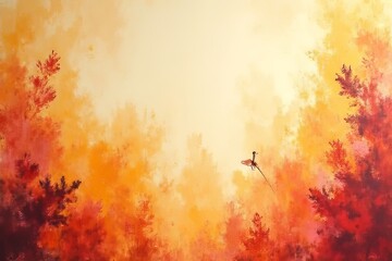Obraz premium Autumnal Forest Scene with Bird in Flight - Abstract Artwork