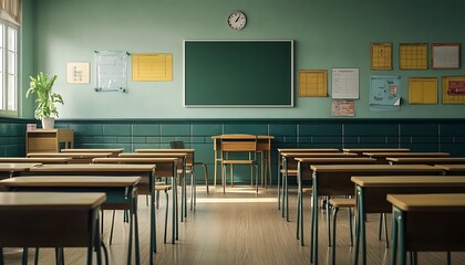 Classroom interior with rows of tables and chairs. 3d rendering