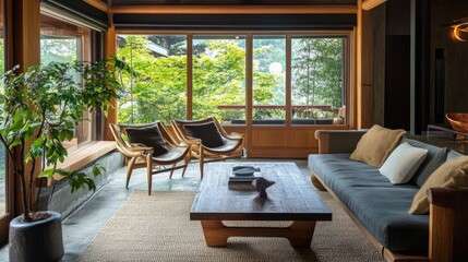 Fototapeta premium Serene Japanese Living Room with Stunning Nature Views