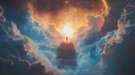 A person standing at the top of an endless staircase leading to heaven
